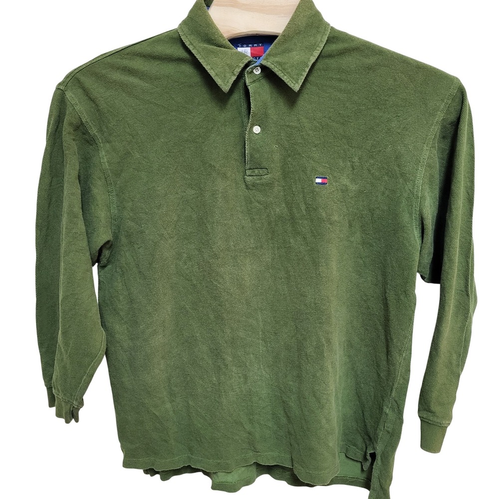 Tommy Hilfiger Mens XL Long Sleeve Polo Shirt Green Textured Cotton Logo